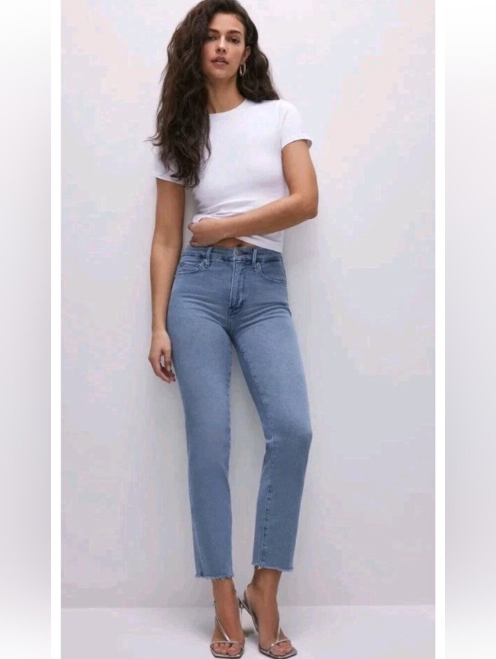 Good American Straight High Rise Raw Hem Stretch Jeans Women's Size 12/31